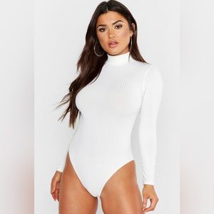 RIB Knit High Neck TURTLENECK HIGH RISE White Long Sleeve BooHoo BODYSUIT 14 NWT
